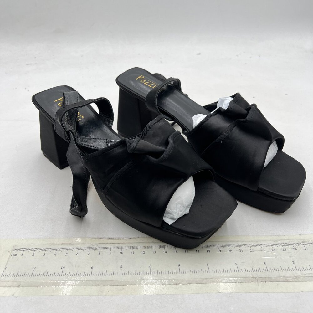 Pazzion Black Platform Square Toe Pleated Ruffle Sandal Block High Heel Shoes - Picture 4 of 8